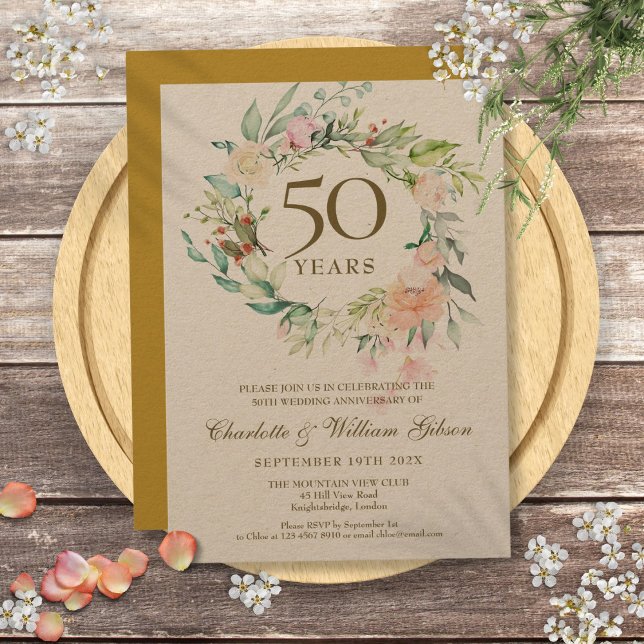 Invitation Couronne de roses rustiques 50e anniversaire doré (Rustic Roses Garland 50th Golden Anniversary Invitation)