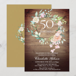 Invitation Couronne de roses rustiques Monogramme 50e anniver