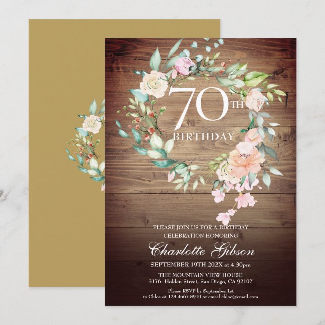 Invitation Couronne de roses rustiques Monogramme 70e anniver (Devant / Derrière)