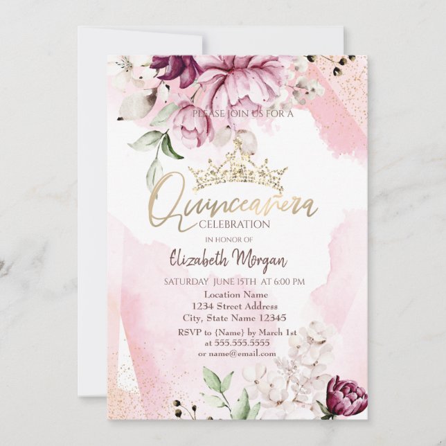 Invitation Couronne de roses violettes chic pour Quinceañera (Devant)