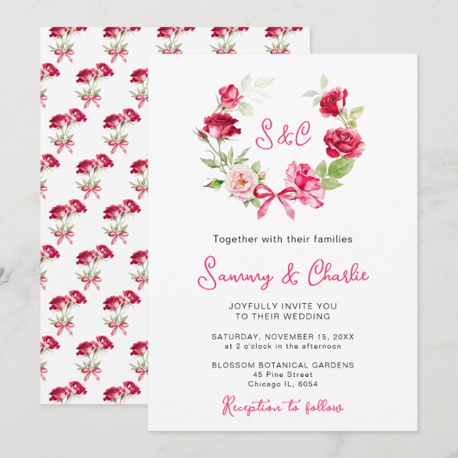Invitation Couronne de ruban de roses rouges pour mariage (Devant / Derrière)