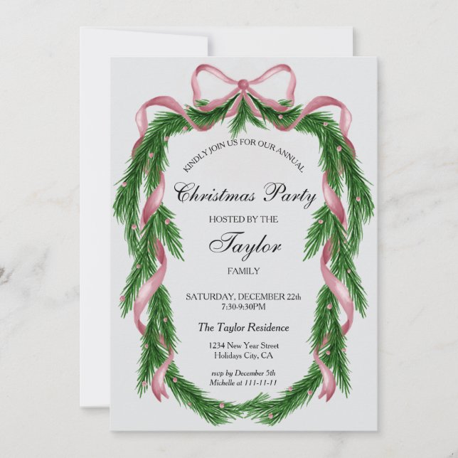 Invitation Couronne de ruban rose vintage pour dîner de Noël (Devant)