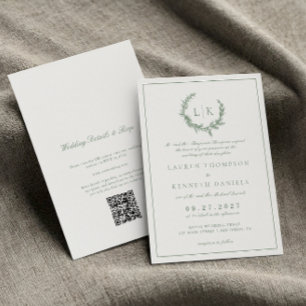 Invitation Couronne de Sapin Sage Vert Code QR Mariage