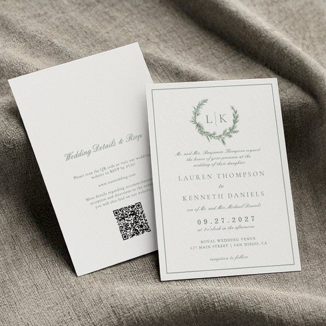 Invitation Couronne de Sapin Sage Vert Code QR Mariage (Créateur téléchargé)