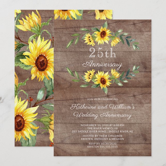 Invitation Couronne de soleil rustique pour la fête du 25e an (Devant / Derrière)