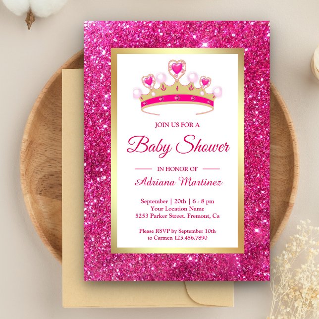 Invitation Couronne de Strass Rose Chaud Baptême Princesse (Créateur téléchargé)