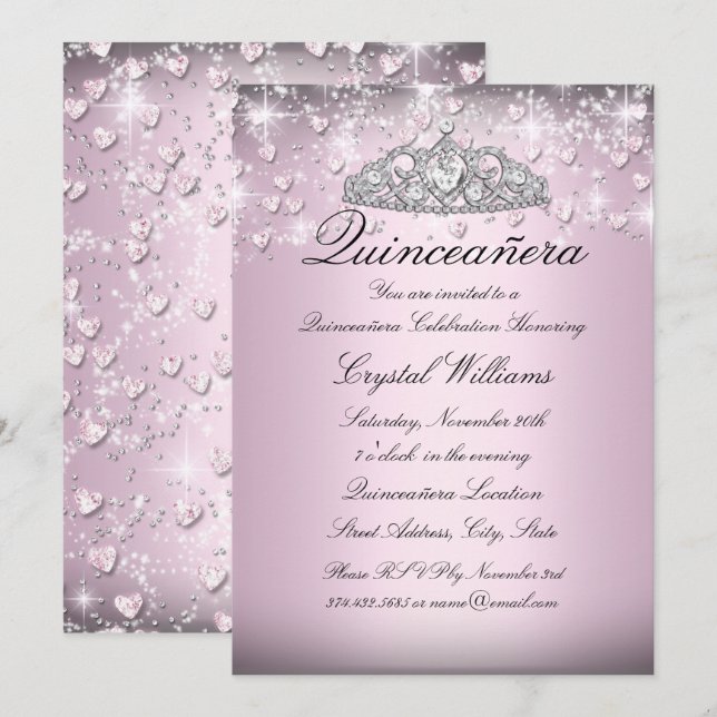 Invitation Couronne de strass rose et carton d'invitation Qui (Devant / Derrière)