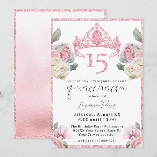 Invitation Couronne de strass Roses Roses et Blanches Quincea (Devant / Derrière)