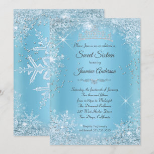 Invitation Couronne de Sweet 16 Blue Silver Winter Wonderland