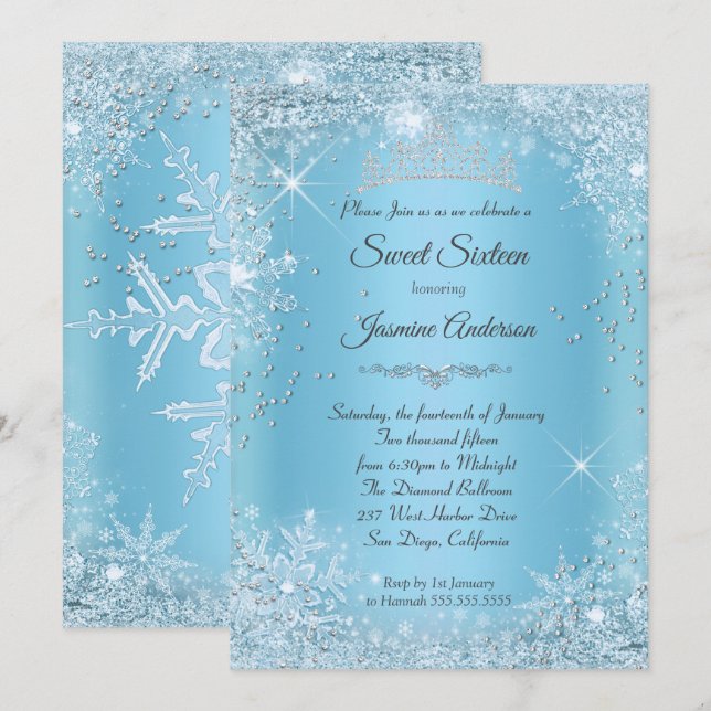 Invitation Couronne de Sweet 16 Blue Silver Winter Wonderland (Devant / Derrière)
