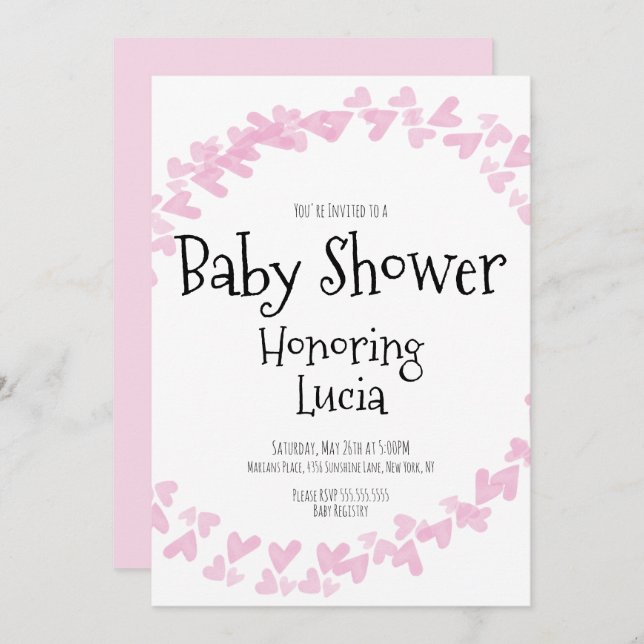 Invitation Couronne de tampons coeurs aquarelle Baby Shower  (Devant / Derrière)