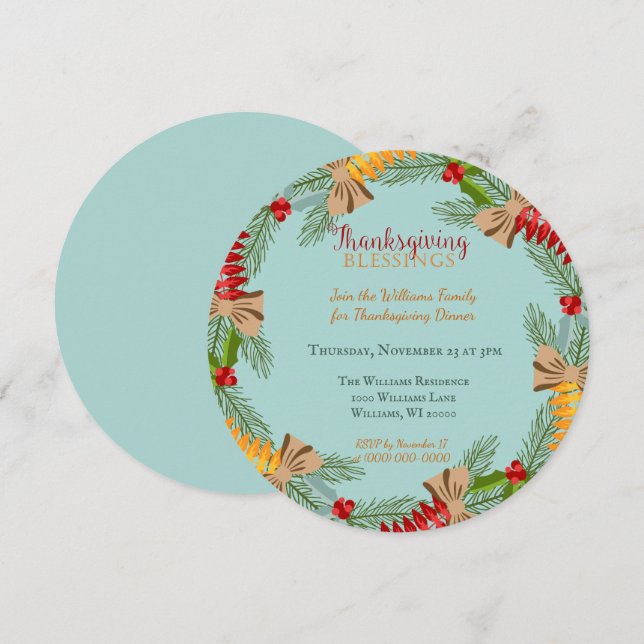 Invitation Couronne de Thanksgiving Bleue (Devant / Derrière)
