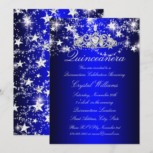 Invitation Couronne de Tiara Blue Sparkle & Étoiles Quinceane (Devant / Derrière)
