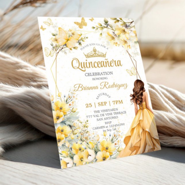 Invitation Couronne de Tiara Florale Papillon Jaune Doré Quin (Créateur téléchargé)