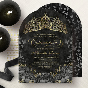 Invitation Couronne de Tiara Noir Moderne en Or pour Quincean