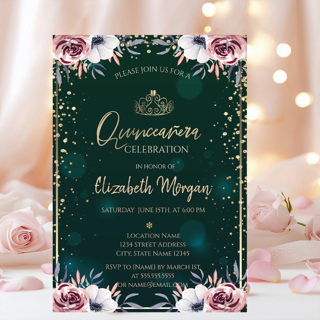 Invitation Couronne de Tiara Verte,Diamants Fleurs Quinceañer (Créateur téléchargé)