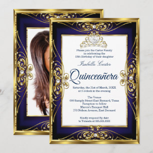 Invitation Couronne de Tiare Elite Quinceanera 15 ans Or Bleu