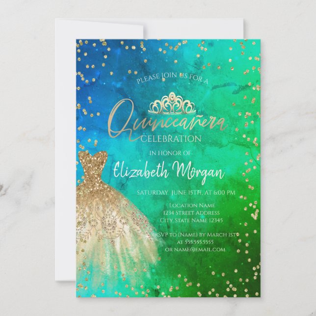 Invitation Couronne de Tiare Robe Dorée, Diamants Vert Bleu Q (Devant)