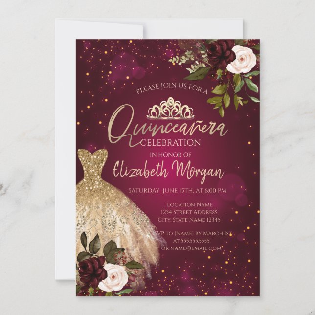 Invitation Couronne de Tiare Robe Or, Fleurs Bourgeon Quincea (Devant)
