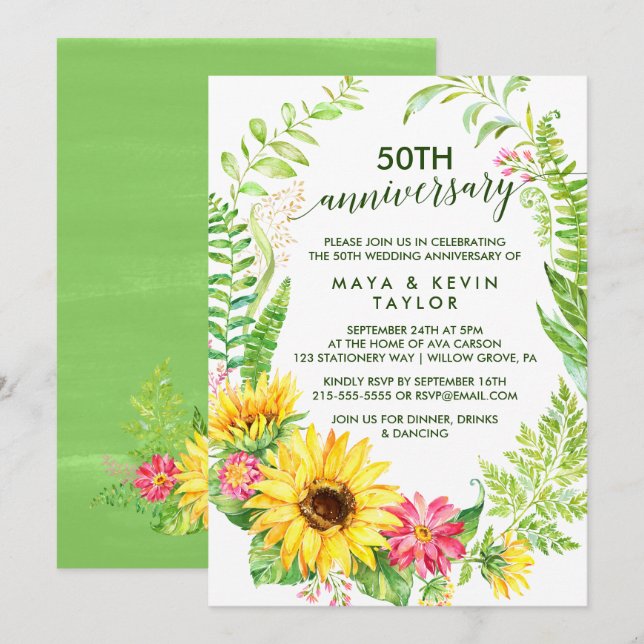 Invitation Couronne de tournesol d'été pour les 50 ans de mar (Devant / Derrière)
