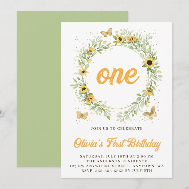 Invitation Couronne de tournesols avec papillons mignons Anni (Devant / Derrière)