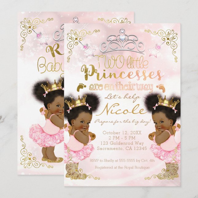 Invitation Couronne de Tutu de Princesse Ethnique pour Jumell (Devant / Derrière)