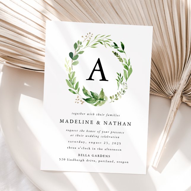 Invitation Couronne de verdure à l'aquarelle Monogramme Maria (Créateur téléchargé)