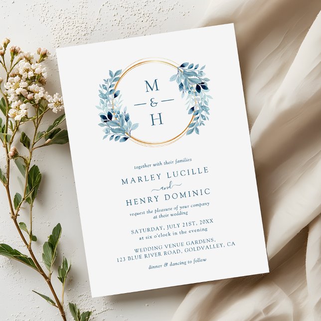 Invitation Couronne de verdure bleu poussiéreux Monogramme Ma (Créateur téléchargé)