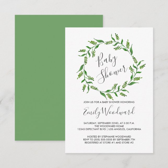 Invitation Couronne de verdure botanique Baby Shower (Devant / Derrière)