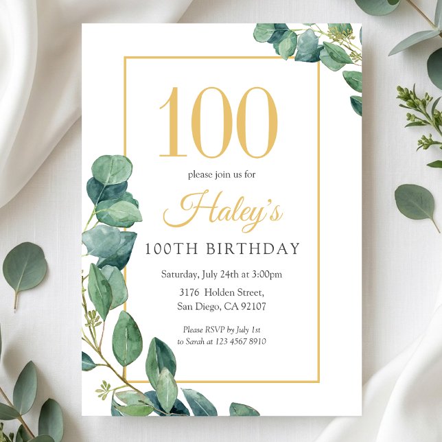 Invitation Couronne de verdure Chic Or & Sauge 100e anniversa (Créateur téléchargé)