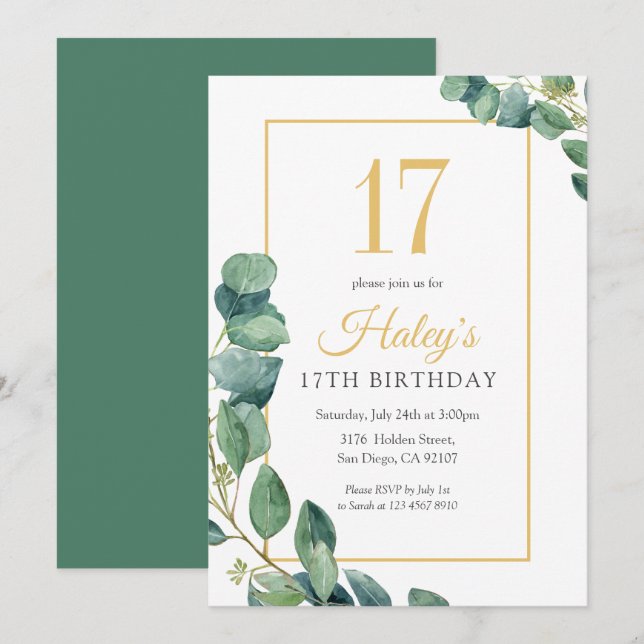 Invitation Couronne de verdure Chic Or & Sauge 17e Anniversai (Devant / Derrière)