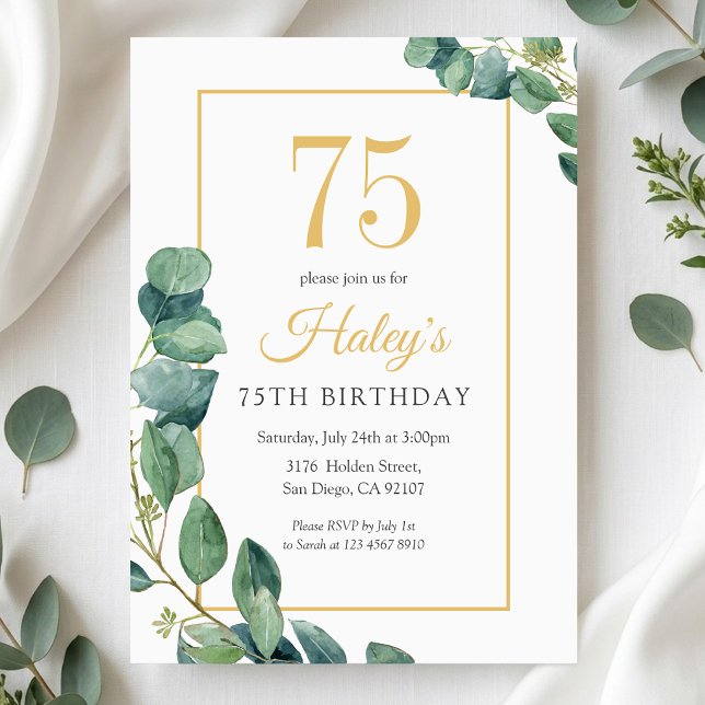 Invitation Couronne de verdure Chic Or & Sauge 75e Anniversai (Créateur téléchargé)