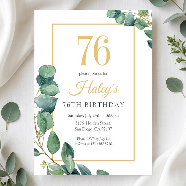 Invitation Couronne de verdure Chic Or & Sauge 76e Anniversai (Créateur téléchargé)