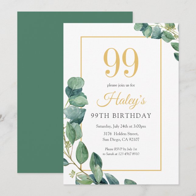 Invitation Couronne de verdure Chic Or & Sauge 99e Anniversai (Devant / Derrière)