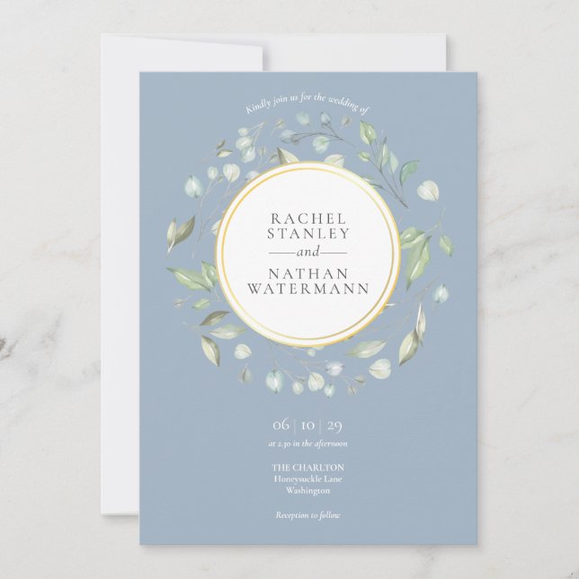 Invitation Couronne de verdure de laurier bleu poussiéreux po (Devant)