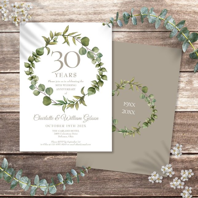 Invitation Couronne de verdure de perle pour les 30 ans de ma (30th Wedding Anniversary Pearl Greenery Garland Invitation)