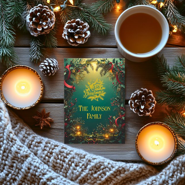 Invitation Couronne de verdure élégante avec vœu de Noël fami (Créateur téléchargé)