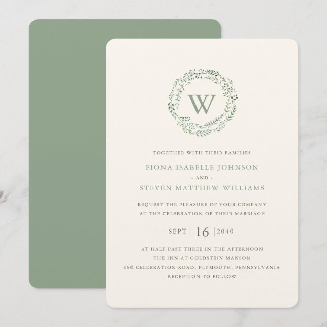 Invitation Couronne de verdure élégante Mariage aquarelle (Devant / Derrière)
