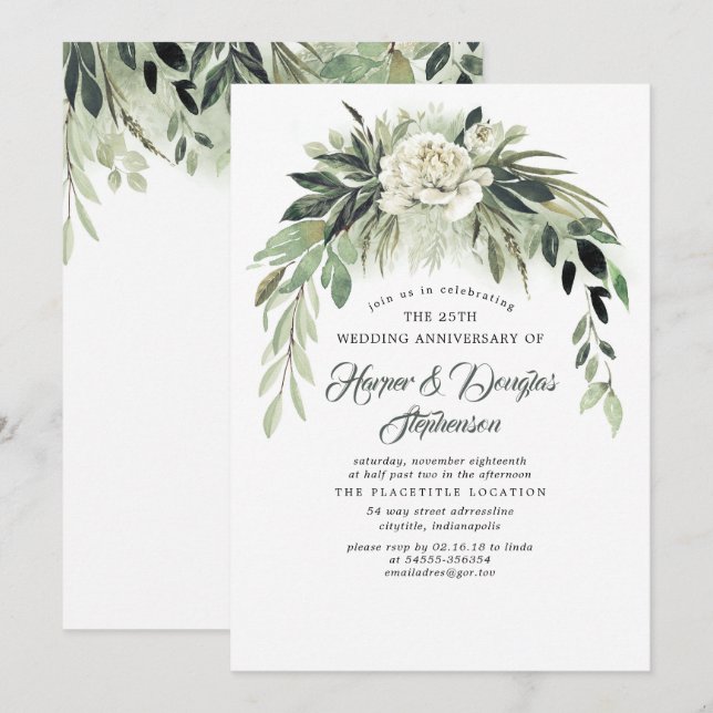 Invitation Couronne de verdure élégante pour mariage et anniv (Devant / Derrière)