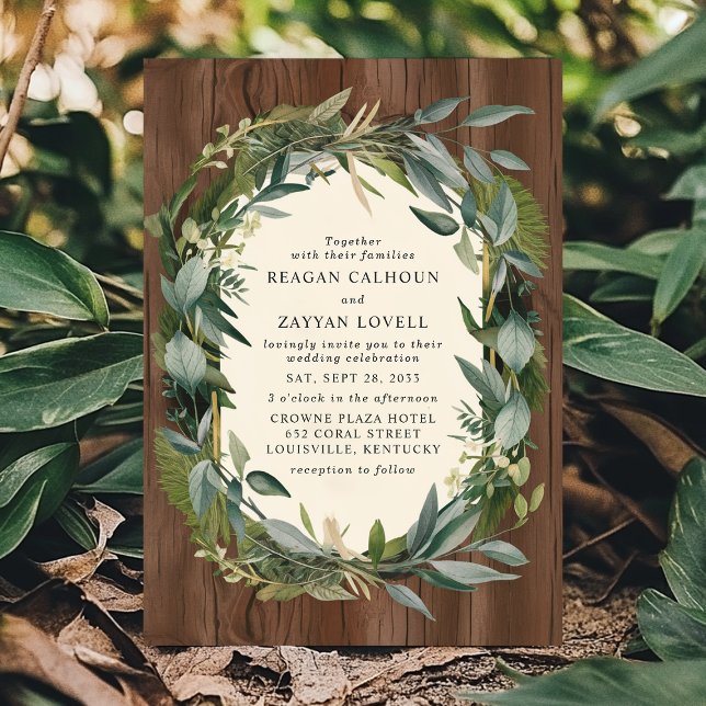 Invitation Couronne de verdure et mariage rustique en bois da (Créateur téléchargé)