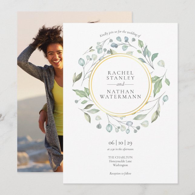 Invitation Couronne de verdure géométrique or mariage photo (Devant / Derrière)
