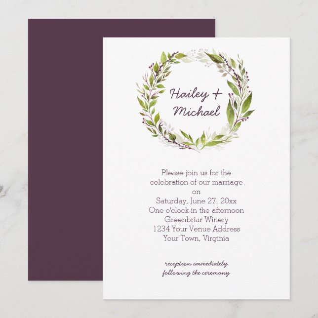 Invitation Couronne de verdure mariage prunes foncées baies v (Devant / Derrière)