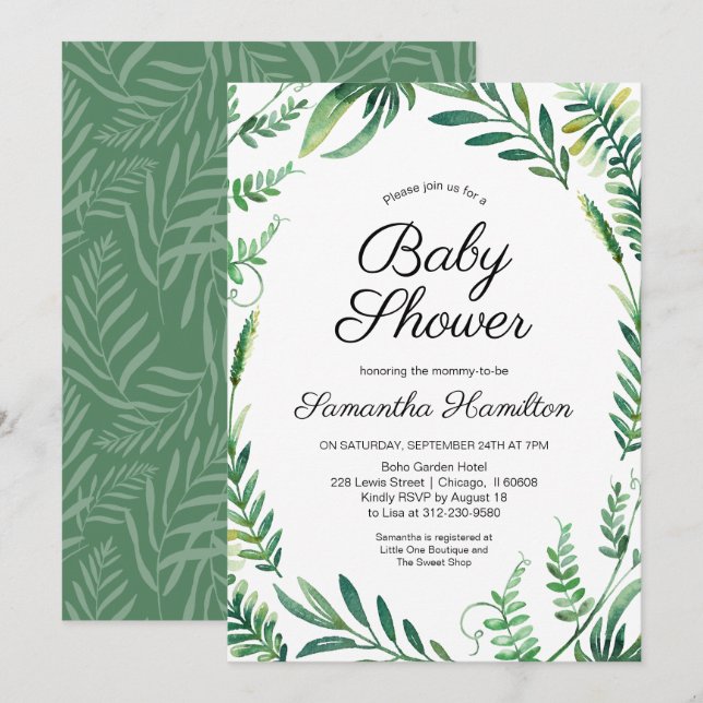 Invitation Couronne de verdure moderne Baby Shower botanique (Devant / Derrière)