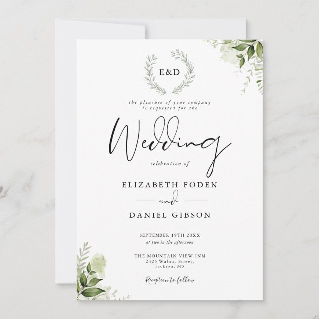 Invitation Couronne de verdure Monogramme Mariage (Devant)