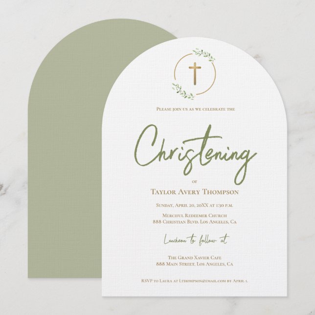 Invitation Couronne de verdure personnalisée pour baptême cro (Devant / Derrière)