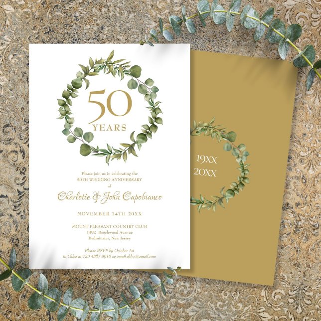 Invitation Couronne de verdure pour le 50e anniversaire de ma (50th Golden Wedding Anniversary Greenery Garland Invitation)