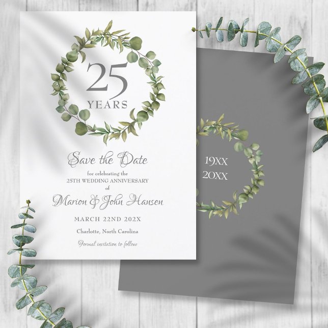 Invitation Couronne de verdure pour le rappel du 25e annivers (25th Anniversary Save the Date Greenery Garland Invitation)