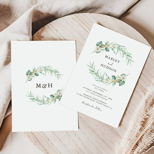 Invitation Couronne de verdure romantique monogramme Mariage (Créateur téléchargé)