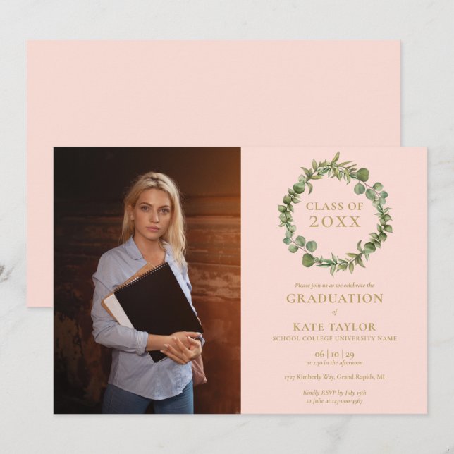 Invitation Couronne de verdure rose rose Photo Fête de fin d' (Devant / Derrière)