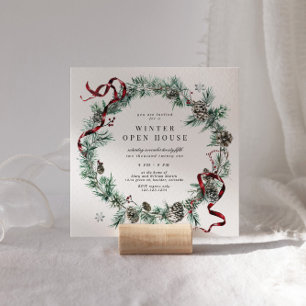 Invitation Couronne de verdure Ruban Rouge Carré Maison Ouver